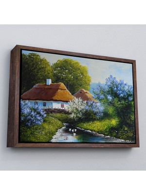 Çerçeveli Akarsu Kenarındaki Köy Evi Yağlıboya Dekoratif Kanvas Duvar TABLOSU-3637