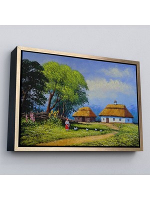 Çerçeveli Ukrayna Köy Evi Manzarası Yağlıboya Görünüm Dekoratif Kanvas Duvar TABLOSU-3664