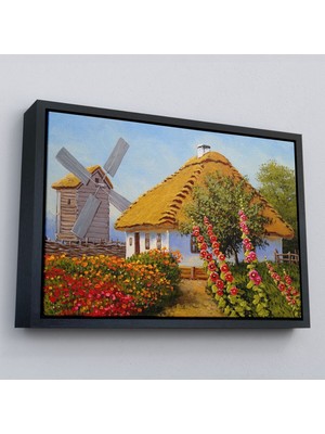 Çerçeveli Köy Evi Manzarası Yağlıboya Görünüm Dekoratif Kanvas Duvar TABLOSU-3654