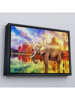 Çerçeveli Fil ve Taç Mahal Manzaralı Yağlıboya Görünüm Dekoratif Kanvas Duvar TABLOSU-3716