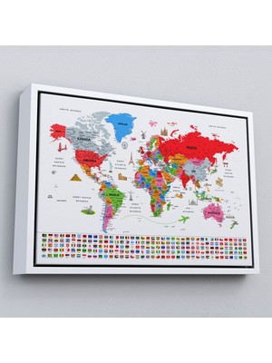 Çerçeveli Türkçe Dünya Haritası Ayrıntılı Eğitici Sembollü Bayraklı Dekoratif Kanvas TABLO-2884