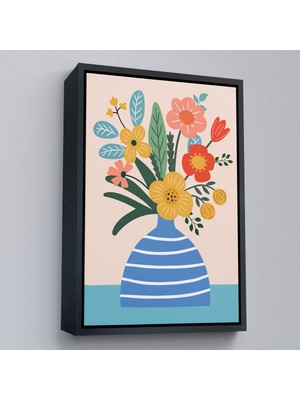 Çerçeveli Minimalist Çiçek Mavi Vazoda Renkli Buket TABLOSU-7664