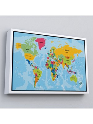Çerçeveli Dünya Haritası Ülke Başkentli Okyanuslu ve Dekoratif Kanvas TABLO-2243