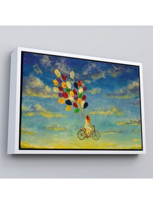 Çerçeveli Renkli Balonlar Ile Uçan Bisikletli Kız Kanvas TABLO-5036