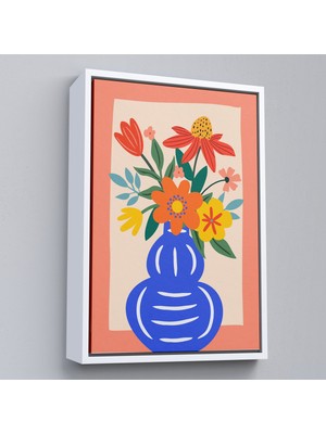 Çerçeveli Minimalist Çiçek Mavi Vazoda Renkli Buket TABLOSU-7666