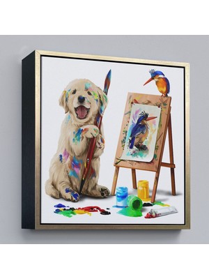 Çerçeveli Ressam Yavru Köpek Dekoratif Kanvas TABLO-5845