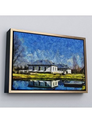 Çerçeveli Göl Kenarındaki Köy Evi Dekoratif Duvar TABLOSU-3528