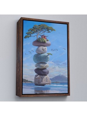 Çerçeveli Sahilde Renkli Denge Taşları, Meditasyon, Yoga, Spiritüel Baskı Kanvas TABLO-5239