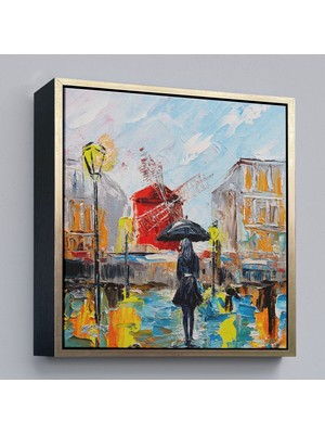 Çerçeveli Paris De Yağmur Da Yürüyen Kadın Yağlıboya Görünüm Dekoratif Kanvas Duvar TABLOSU-5844