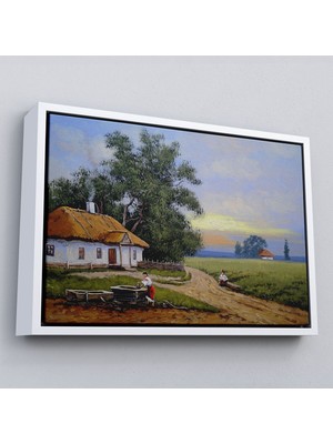 Çerçeveli Köy Evi Manzarası Yağlıboya Görünüm Dekoratif Kanvas Duvar TABLOSU-3555