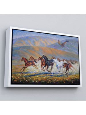 Çerçeveli At Sürüsü ve Kartal Yağlıboya Görünüm Dekoratif Kanvas Duvar TABLOSU-3600