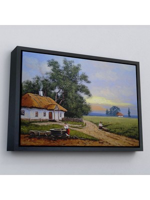 Çerçeveli Köy Evi Manzarası Yağlıboya Görünüm Dekoratif Kanvas Duvar TABLOSU-3555