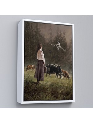 Çerçeveli Süpürgeli Cadıya Özenen Kız Dekoratif Duvar Tablosu -6185