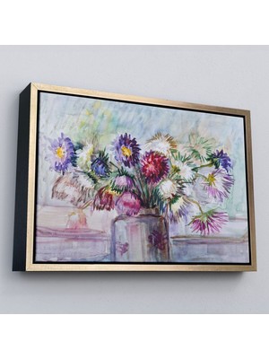 Çerçeveli Aster Çiçeği Yağlı Boya Görünümlü Dekoratif Duvar TABLOSU-3456