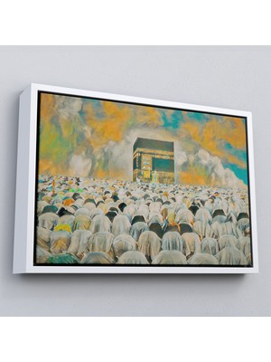 Çerçeveli Mekke Kabe'de Kılınan Namazın Muhteşem Görüntüsü Kanvas TABLO-5052