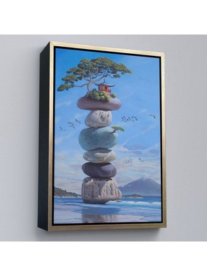 Çerçeveli Sahilde Renkli Denge Taşları, Meditasyon, Yoga, Spiritüel Baskı Kanvas TABLO-5239