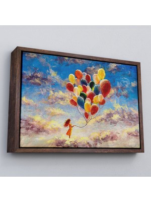 Çerçeveli Bulutlaların Üzerindeki Renkli Balonları Tutan Kız TABLOSU-6643