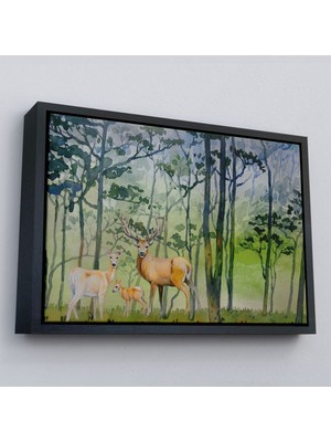 Çerçeveli Geyik Ailesi Suluboya Görünüm Dekoratif Kanvas Duvar TABLOSU-3648