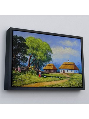 Çerçeveli Ukrayna Köy Evi Manzarası Yağlıboya Görünüm Dekoratif Kanvas Duvar TABLOSU-3664