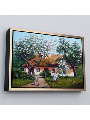 Çerçeveli Ilkbahar Köy Evi Yağlıboya Görünüm Dekoratif Kanvas Duvar TABLOSU-3514