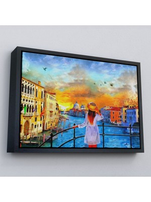 Çerçeveli Venedik Kanalını Izleyen Kız Yağlıboya Görünüm Dekoratif Kanvas Duvar TABLOSU-3699