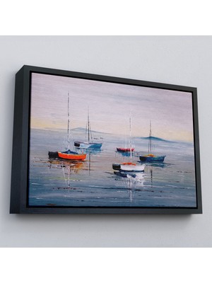 Çerçeveli Deniz ve Yelkenliler Manzarası Yağlıboya Görünüm Dekoratif Kanvas Duvar TABLOSU-3710