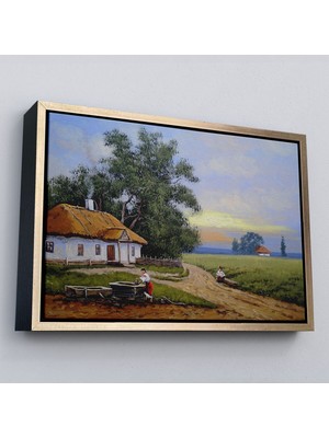 Çerçeveli Köy Evi Manzarası Yağlıboya Görünüm Dekoratif Kanvas Duvar TABLOSU-3555