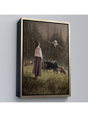 Çerçeveli Süpürgeli Cadıya Özenen Kız Dekoratif Duvar Tablosu -6185