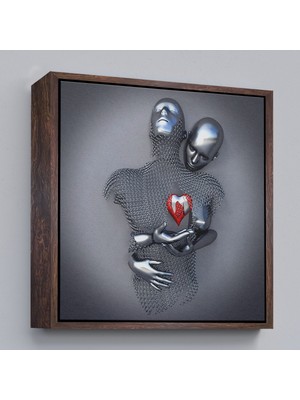 Çerçeveli Aşk Sanatı, 3D Efekti Gümüş Insan, Gri ve Gümüş Metalik Efektli Kanvas TABLO-5353