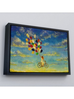 Çerçeveli Renkli Balonlar Ile Uçan Bisikletli Kız Kanvas TABLO-5036
