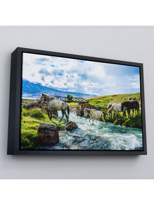 Çerçeveli Dereden Geçen Atlar Manzaralı Dekoratif Kanvas TABLO-1169