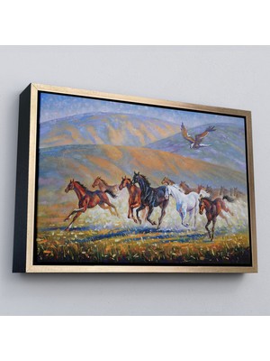 Çerçeveli At Sürüsü ve Kartal Yağlıboya Görünüm Dekoratif Kanvas Duvar TABLOSU-3600