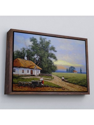 Çerçeveli Köy Evi Manzarası Yağlıboya Görünüm Dekoratif Kanvas Duvar TABLOSU-3555