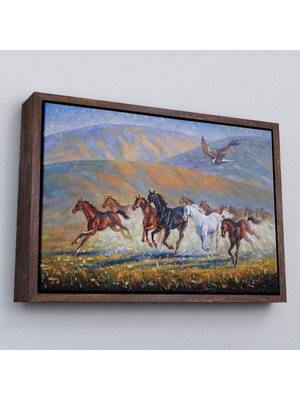 Çerçeveli At Sürüsü ve Kartal Yağlıboya Görünüm Dekoratif Kanvas Duvar TABLOSU-3600