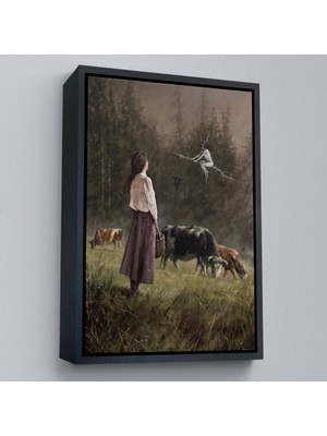 Çerçeveli Süpürgeli Cadıya Özenen Kız Dekoratif Duvar Tablosu -6185