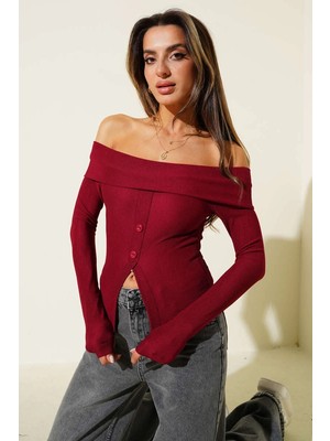 Biçomi Madonna Yaka Düğmeli Bluz Bordo T4329