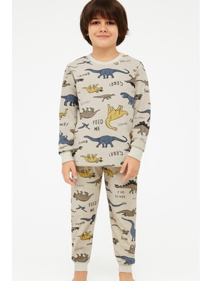Erkek Çocuk Pamuklu Bej Renk Dinazor Desenli Mevsimlik Pijama Takımı
