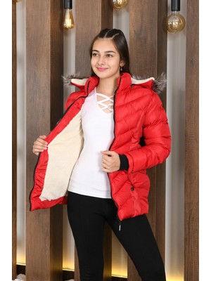 Lasgaris Jeans Kız Çocuk Kapüşonlu Kürk Detaylı Şişme Mont