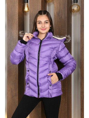 Lasgaris Jeans Kız Çocuk Kapüşonlu Kürk Detaylı Şişme Mont