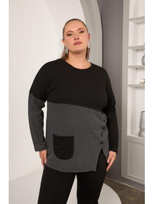 Büyük Beden Önü Düğme ve Cep Detay Bluz Siyah