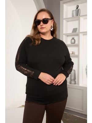 Büyük Beden Kolu Dantel Detay Bluz Siyah