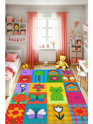 The Reef Design Renkli Patchwork Halısı Dijital Baskılı Dokuma Kaymaz Tabanlı Yıkanabilir Çocuk Odası Bebek Odası Halısı