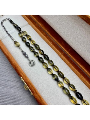 Babalar Günü Özel Kadife Kutulu 925 Ayar Gümüş Püsküllü Hareli Sıkma Kehribar Tespih