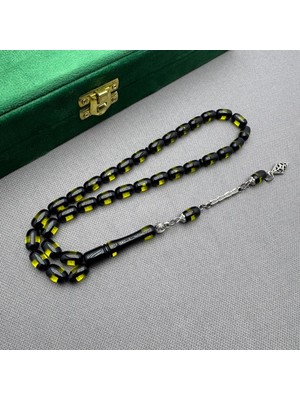 Alpaka Püsküllü Sarı Siyah Sürmeli Desenli Özel Çalışma Sıkma Kehribar Tespih