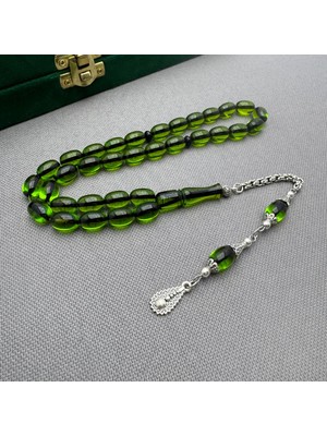 Alpaka Püsküllü Yeşil Kapsül Kesim Sıkma Kehribar Tespih