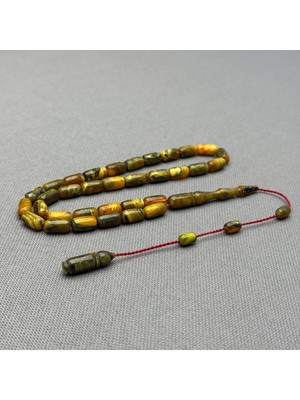 Usta Işçilikli Yeşil Turuncu Hare Desenli Özel Hamur Sıkma Kehribar Tespih