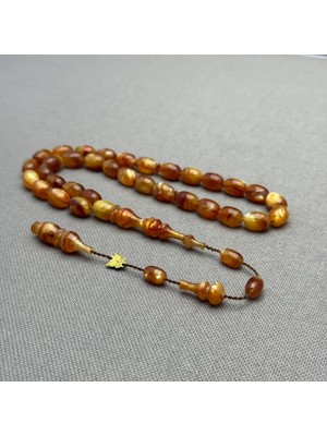 Emine Reşvani Usta Işçilikli Simli Hareli Bal Rengi Sıkma Kehribar Tespih