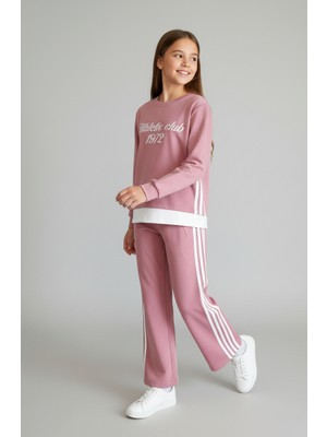 "athletic Club" Baskılı, Üç Çizgili Pembe-Beyaz Geniş Paça Kız Çocuk Eşofman Takımı