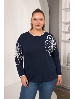 Şerit Çiçek Desenli Büyük Beden Bluz