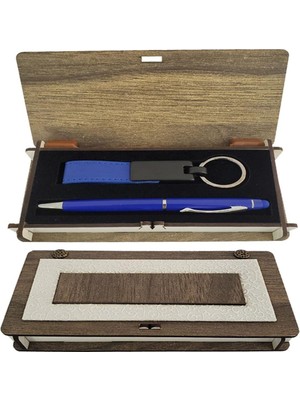 Ahşap Kutulu Mavi Kalem Anahtarlık Set Dekoratif Hediyelik